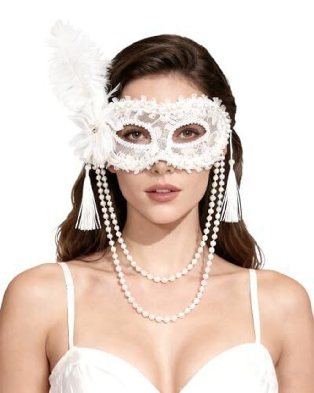 2071 White Masquerade Mask - Feather Venetian Masks with Pearl Tassels